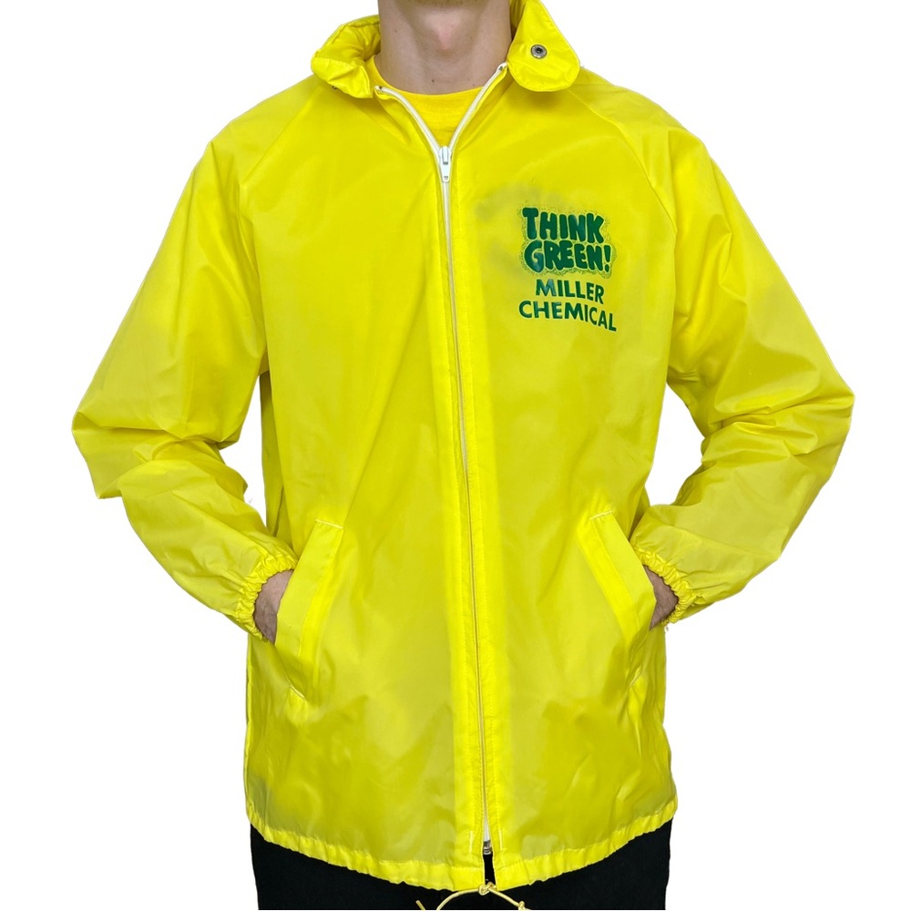 Vintage Men’s 70s Yellow Nylon “Think Green!” Rain Jacket with Hood Size Small